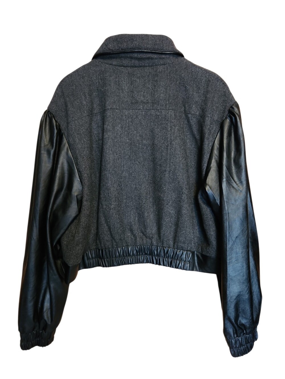 PROMESA CROPPED MOTO UTILITY JACKET FAUX LEATHER SLEEVES GRAY BLACK MEDIUM - Picture 4 of 11